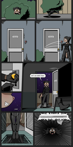 anthro black_bottomwear black_clothing black_pants black_shirt black_topwear bottomwear breasts cartoon_physics clothing disguise falling female footwear gloves grin handwear knife lockpick moon night pants plant scared screaming shirt shrub skullcap smile socks solo star street_lamp thief tiptoes topwear trapdoor e254e mammal procyonid raccoon absurd_res hi_res