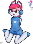 blue_body electronics female glowing glowing_eyes hair headphones machine open_mouth pink_hair red_eyes solo rizal_ok pororo_the_little_penguin ai_one humanoid robot robot_anthro robot_humanoid 3:4 hi_res