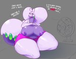 anthro areola big_breasts breasts clothed clothing clothing_lift dialogue english_text female generation_6_pokemon goodra hi_res inverted_nipples kneeling nintendo nipples pokemon pokemon_(species) purple_areola purple_body purple_nipples shirt shirt_lift solo tail text thick_thighs topwear unyin