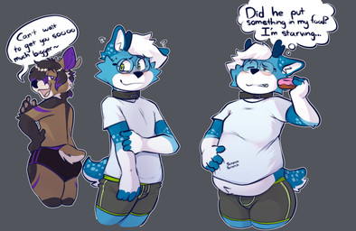 anthro antlers blue_body blue_fur blush boxers_(clothing) brown_body brown_fur brown_hair clothed clothing collar countershading dessert doughnut duo embarrassed eyewear food fur glasses green_eyes grey_background hair hand_on_hip hand_on_own_hip highlights_(coloring) holding_arm holding_food holding_object horn inner_ear_fluff looking_at_another male markings multicolored_body multicolored_fur overweight overweight_anthro overweight_male pastry purple_body purple_eyes purple_fur purple_highlights purple_inner_ear_fluff scratching_belly shirt sidecut simple_background smile speech_bubble spots spotted_body spotted_fur standing t-shirt teasing text thought_bubble topwear tuft underwear underwear_only weight_gain white_body white_clothing white_countershading white_hair white_shirt white_t-shirt white_topwear chubbierjako jako_(chubbierjako) deer mammal 2023 colored english_text hi_res shaded nonbinary_(lore)