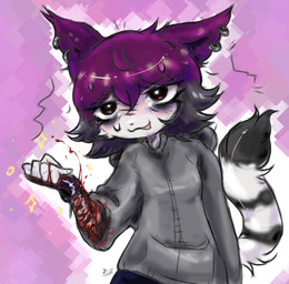 abstract_background alternative_fashion anthro black_hair blood blush bodily_fluids breasts clothing ear_piercing ear_ring emo eye_bags eyebrows female gore hair hoodie looking_pleasured masochism multicolored_hair piercing purple_hair raised_inner_eyebrows ring_piercing scar self-harm self-harm_scars small_breasts solo sweat tail topwear wavy_mouth wounded gorebunny veronica_(e254e) domestic_cat felid feline felis mammal hi_res signature