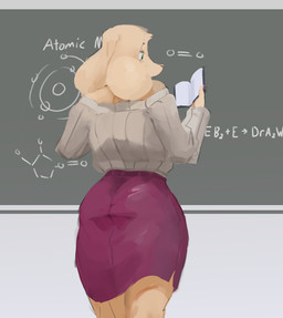 anthro butt butt_focus chalkboard chemical_formula female fur missing_tail solo tan_body tan_fur teacher ebbedrawin ms._hayes_(ebbedrawin) canid canine canis domestic_dog mammal 2025 hi_res