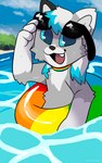 anthro beach collar eyewear happy in_swim_ring inflatable inner_tube lgbt_pride male pool_toy pride_color_accessory pride_color_collar pride_colors rainbow_collar rainbow_pride_colors rainbow_symbol seaside six-stripe_rainbow_pride_colors solo sunglasses swim_ring water belovedfoxx dante_kinkade canid canine canis mammal wolf absurd_res hi_res