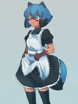 anthro apron biped blue_hair breasts clothed clothing dipstick_tail dress facial_markings female frown gloves_(marking) grey_background hair head_markings holding_clothing holding_dress holding_object kemono legwear maid_uniform markings mask_(marking) medium_breasts orange_body sash simple_background solo standing tail tail_markings thigh_highs three-quarter_view uniform i4_kan brand_new_animal studio_trigger michiru_kagemori canid canine mammal raccoon_dog tanuki 2020 3:4 digital_media_(artwork) portrait three-quarter_portrait