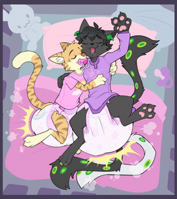 ambiguous_gender anthro big_diaper diaper duo feces female huge_diaper lying object_in_mouth on_back pacifier pacifier_in_mouth pooping sleep_pooping sleeping soiled_diaper soiling soiling_diaper unclean_diaper used_diaper using_diaper bubblepuppers domestic_cat felid feline felis mammal hi_res