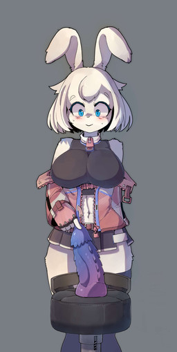 anthro belt blue_eyes blush bodily_fluids bottomwear breasts chair clothing dildo dildo_chair female fingerless_gloves front_view fur furniture gloves grey_background hair handwear looking_down navel sex_toy simple_background skirt smile solo sweat white_body white_fur white_hair zipper sillybunny9623 lagomorph leporid mammal rabbit 2024 absurd_res digital_media_(artwork) hi_res