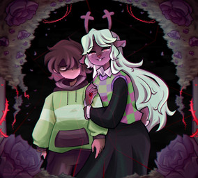 ambiguous_gender ambiguous_human anthro antlers biped black_bottomwear black_clothing black_pants black_skirt blonde_hair blood bodily_fluids bottomwear brown_body brown_fur brown_hair clothed clothing cracks digit_ring duo empty_eyes female female_anthro finger_ring flower freckles front_view fully_clothed fur green_clothing green_hoodie green_topwear hair hair_over_eye hand_wound heart_symbol hoodie horn hug hugging_another humanoid_hands jewelry looking_at_viewer mind_control night outside pants pink_rose plant ring rose_(flower) shrub skirt smile snowgrave spiked_ring standing stare sweat sweatdrop teeth thorn_ring thorns topwear vest wedding_ring wounded stephsartlab deltarune undertale_(series) kris_dreemurr noelle_holiday deer human mammal new_world_deer reindeer 2025 colored digital_media_(artwork) hi_res portrait shaded signature three-quarter_portrait