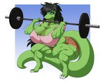 anthro barbell big_breasts black_hair breasts cleavage clothed clothing crouching exercise female green_body hair muscular muscular_anthro muscular_female non-mammal_breasts solo weightlifting workout spiralingstaircase lizard reptile scalie digital_media_(artwork) hi_res