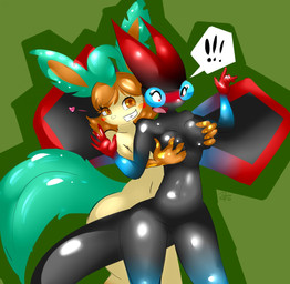anthro breast_grab breasts duo exclamation_point featureless_breasts featureless_crotch female female/female grope hair hand_on_breast heart_symbol simple_background tail text elpatrixf nintendo pokemon hirazumi_(nameneko134) yumi_(nameneko134) eeveelution flygon generation_3_pokemon generation_4_pokemon leafeon pokemon_(species) 2013 artist_name dated digital_media_(artwork) hi_res