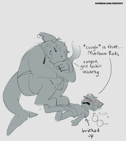 anthro blush blush_lines bodily_fluids cigarette crotch_blush crouching dialogue dripping duo eyewear facial_hair female fin fin_piercing furgonomics furry-specific_piercing glasses glasses_on_floor goatee hair lying male male/female on_back open_mouth piercing profanity saliva saliva_drip shark_tail simple_background smoking smoking_cigarette sweat sweatdrop text fizzykity mia_(fizzykity) silus_(fizzykity) domestic_cat felid feline felis fish mammal marine shark english_text hi_res monochrome url nonbinary_(lore) trans_(lore)