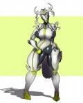 big_breasts breasts clothing crossgender eyeless female front_view genitals horn huge_breasts nipple_outline not_furry pussy shadow skinsuit solo thick_thighs tight_clothing lewdreaper digital_extremes tencent warframe oberon_(warframe) alien tenno 2016 digital_media_(artwork) hi_res