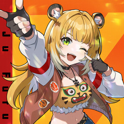 adolescent animal_ears bent_arm black_choker black_clothing black_gloves black_handwear black_jewelry black_necklace blonde_hair breasts choker clothed clothing collar collarbone crop_top dotted_background fangs female fingerless_gloves fluffy_ears gesture glistening glistening_hair gloves green_eyes hair hand_gesture handwear happy jacket jewelry long_hair medium_breasts midriff navel necklace one_eye_closed open_clothing open_jacket open_mouth open_topwear pattern_background pose shirt simple_background striped_hair teeth topwear white_hair young young_female young_humanoid srf_feng mihoyo zenless_zone_zero ju_fufu animal_humanoid felid felid_humanoid humanoid mammal mammal_humanoid pantherine pantherine_humanoid thiren tiger_humanoid absurd_res hi_res signature