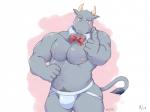 anthro blush bow_(feature) bow_tie bulge clothing collar facial_hair fur gesture grey_body grey_fur hand_gesture horn jockstrap male muscular muscular_anthro muscular_male nipples pecs pointing simple_background solo underwear lazy_tiggy dillan_(character) bovid bovine cattle mammal 2017 4:3