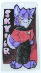 anthro blue_eyes clothing hair male multicolored_hair pink_hair purple_hair solo tail two_tone_hair uniform spiffy_fox_kili star_trek star_trek_the_next_generation skylar_wing canid canine canis mammal wolf 2010 character_badge_(artwork)