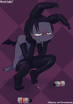 anthro armwear black_clothing black_gloves black_handwear black_hat black_headwear black_legwear black_thigh_highs black_wings bodily_fluids clothing crouching drooling elbow_gloves fur gloves handwear hat headgear headwear kemono legwear male purple_body purple_fur saliva solo thigh_highs tongue tongue_out wings bravobunny bat mammal 2021 full-length_portrait hi_res portrait