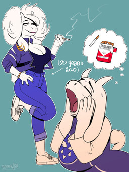 anthro big_breasts blue_background bodily_fluids bottomwear breasts cigarette cleavage clothed clothing denim denim_bottomwear denim_clothing ear_piercing ear_ring eyes_closed female floppy_ears footwear fur hair half-closed_eyes hand_on_hip hand_on_own_hip hands_on_own_face horn huge_breasts jeans long_ears mature_anthro mature_female narrowed_eyes pants piercing ring_piercing shoes simple_background smoking solo sweat white_body white_fur white_hair spincraze undertale_(series) toriel boss_monster_(undertale) bovid caprine mammal hi_res
