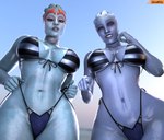 big_breasts bikini bikini_pull blue_body blue_eyes blue_skin breasts clothing clothing_pull duo eyebrows eyelashes female freckles front-tie_bikini glistening glistening_body glistening_breasts glistening_skin looking_at_viewer navel not_furry pattern_bikini pattern_clothing pattern_swimwear pseudo_hair striped_bikini striped_clothing striped_swimwear stripes swimwear swimwear_pull teeth tentacle_hair tentacles two-piece_swimsuit smitty34 bioware electronic_arts mass_effect liara_t'soni samara alien alien_humanoid asari humanoid 2024 3d_(artwork) digital_media_(artwork) hi_res