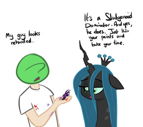 ?_face duo female hyperspace_hyperwars male paint text shoutingisfun friendship_is_magic hasbro my_little_pony anon queen_chrysalis_(mlp) arthropod changeling_(mlp) equid human mammal english_text low_res