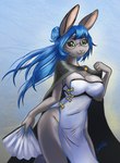 5_fingers anthro blue_hair breasts clothed clothing female fingers green_eyes hair smile solo caribou_(artist) lagomorph leporid mammal rabbit 2022 digital_media_(artwork)