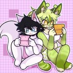 anthro black_hair blue_eyes clothing duo female fur green_body green_fur green_hair hair pajamas white_body white_fur yellow_eyes bumbabeezle nintendo nintendo_ds_family nyx_(mkay) skye_(tinycatskye) alien felid feline mammal 1:1