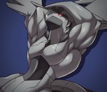 ambiguous_gender biceps claws grey_body hands_behind_head looking_at_viewer muscular pecs red_sclera simple_background solo on_ice_(artist) nintendo pokemon generation_5_pokemon legendary_pokemon pokemon_(species) zekrom hi_res