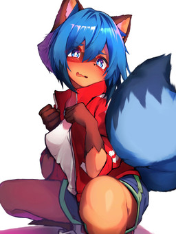 5_fingers anthro blue_body blue_clothing blue_eyes blue_fur blue_hair blush bottomwear breasts brown_body brown_ears brown_fur clothed clothing crouching cute_fangs dipstick_tail fangs female female_anthro fingers fluffy fluffy_tail footwear fur gloves_(marking) hair jacket kemono markings multicolored_tail open_mouth red_clothing shadow shirt shoes short_hair shorts simple_background solo tail tail_markings teeth three-quarter_view topwear white_background white_clothing tabhead brand_new_animal studio_trigger michiru_kagemori canid canine mammal raccoon_dog tanuki 2020 absurd_res alternate_version_at_source digital_media_(artwork) hi_res unavailable_at_source