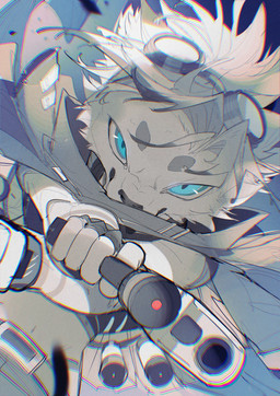 5_fingers aiming_at_viewer ambiguous_gender anthro black_clothing black_crop_top black_shirt black_topwear blue_eyes blue_pupils bottomwear cloak clothed clothed_anthro clothing crop_top eyebrows eyewear eyewear_on_head fingers fur goggles goggles_on_head grey_background grey_eyebrows gun hair handgun holding_gun holding_handgun holding_object holding_pistol holding_ranged_weapon holding_weapon jacket looking_at_viewer pistol pointing_gun_at_viewer pupils ranged_weapon ringed_iris shirt simple_background slit_pupils solo topwear weapon white_body white_fur white_sclera chiayeeee felid mammal 2024 absurd_res chromatic_aberration digital_drawing_(artwork) digital_media_(artwork) half-length_portrait hi_res portrait