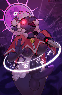 5_fingers anthro balls bell bell_collar breasts cape clothing collar crown dagger fingers fur genitals glowing glowing_eyes gynomorph headgear humanoid_genitalia humanoid_penis intersex magic magic_circle melee_weapon mostly_nude open_mouth patreon_logo penis red_eyes solo teeth text weapon wool_(fur) holt-odium cult_of_the_lamb massive_monster_(studio) patreon lamb_(cult_of_the_lamb) red_crown_(cult_of_the_lamb) bovid caprine mammal sheep 2022 artist_name hi_res herm_(lore)