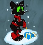 3_toes armor black_body black_eyes black_fur bodily_fluids feet fingers fur gift green_sclera holidays looking_down male scarf semi-anthro snow snowing solo standing tears toes toony theinspiredsphynx cartoon_network christmas mao_mao:_heroes_of_pure_heart sheriff_mao_mao_mao domestic_cat felid feline felis mammal hi_res