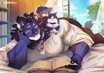 anthro bed bed_covers bedding bell bell_collar biceps black_bottomwear black_clothing black_pants blue_body blue_eyes blue_fur blue_mane blue_sky book bookshelf bottomwear carrying_another claws clothing cloud collar feral finger_claws forearm_muscles fur furniture male mane multicolored_body multicolored_fur muscular muscular_anthro muscular_male on_bed on_shoulders open_window pants patreon_logo plant reading reading_book shirt sky solo tail_mane text topwear tree two_tone_body two_tone_fur whiskers white_body white_clothing white_fur white_shirt white_topwear yellow_eyes booboo34 patreon setus_law domestic_cat felid feline felis lion mammal pantherine 2023 artist_name hi_res url