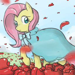 blue_eyes clothed clothing cloud day female feral field flower fur grass hair hood long_hair looking_back outside petals pink_hair plant ribbons rose_(flower) sky solo wind yellow_body yellow_fur speccysy friendship_is_magic hasbro my_little_pony fluttershy_(mlp) equid equine horse mammal pony 1:1