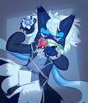 anthro clothed clothing flower looking_at_viewer male plant rose_(flower) simple_background solo zexlynk nintendo pokemon fan_character glace_(cris79x) generation_9_pokemon meowscarada pokemon_(species) absurd_res digital_media_(artwork) hi_res