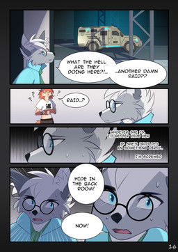 anthro blue_clothing blue_eyes blue_shirt blue_topwear breasts clothing clothing_store dialogue duo ears_up eyewear female glasses green_eyes hair inside looking_at_viewer male military military_vehicle narrowed_eyes open_mouth pupils question_mark red_hair red_pupils redneck scared shirt standing store text topwear white_clothing white_shirt white_topwear rednroge kiri_igness canid canine canis fox mammal comic english_text hi_res