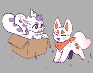 2_tails ambiguous_gender angry black_body black_fur blue_eyes blush box cardboard cardboard_box cheek_tuft container duo eyes_closed facial_tuft fangs feral feral_on_feral fluffy fluffy_tail fur fur_markings happy markings mostly_nude multi_tail multicolored_body multicolored_fur open_mouth paws pink_body pink_fur scarf scarf_only simple_background smile tail teeth tongue tuft two_tone_body two_tone_fur white_body white_fur daleusdumper asian_mythology chinese_mythology east_asian_mythology fabulous_beasts fenz_(studio) mythology fuzai_(fabulous_beasts) hetao_(fabulous_beasts) canid canine felid fox mammal mengji pantherine snow_leopard colored