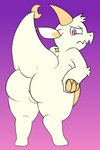 ambiguous_gender angry anthro anus arm_tuft bent_over big_butt butt digitigrade gradient_background hands_on_hips horn pink_eyes simple_background solo tail thick_tail tuft white_body yellow_body hidden97 chikn_nuggit mythology fwench_fwy_(chikn_nuggit) dragon mythological_creature mythological_scalie scalie