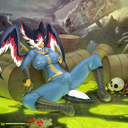 anthro beak bodysuit bone boots breasts bulge clothed clothing erection erection_under_clothing expansion feathered_wings feathers footwear gameplay_mechanics gun gynomorph holding_gun holding_object holding_ranged_weapon holding_weapon intersex multicolored_body multicolored_feathers non-mammal_breasts nuka-cola radiation ranged_weapon shoes skinsuit skull solo tight_clothing torn_clothing transformation weapon wings lysergide fallout microsoft dart_(nuttynut93) avian bird falcon falconid 1:1 2020 digital_media_(artwork) hi_res