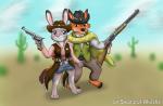 anthro barefoot clothing cowboy cowboy_hat desert duo feet female fur grey_body grey_fur gun hand_behind_back handgun hat headgear headwear long_ears looking_at_viewer male old_west orange_body orange_fur outside ranged_weapon revolver rifle sheriff smile weapon wild_west sword-of-akasha disney zootopia judy_hopps nick_wilde canid canine fox lagomorph leporid mammal rabbit red_fox true_fox 2016