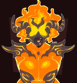 big_breasts breasts female fire flaming_hair front_view geometric_background horn huge_lips lips not_furry orange_body pseudo_hair simple_background solo text thick_lips conditional_dnp welwraith microsoft the_elder_scrolls elemental_creature elemental_humanoid fire_creature fire_humanoid flame_atronach humanoid 2025 artist_name digital_drawing_(artwork) digital_media_(artwork) portrait