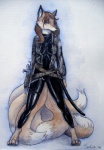 anthro biped breasts brown_hair clothing female gun hair jacket looking_at_viewer melee_weapon multi_tail ranged_weapon solo standing sword tail tight_clothing topwear weapon seskata canid canine fox mammal 2008