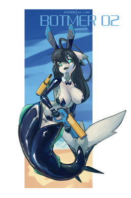 anthro big_breasts breasts bunny_costume clothed clothing costume female fin hair latex latex_clothing latex_skinsuit machine ranged_weapon simple_background skinsuit split_form tight_clothing weapon shanher aquatic fish merfolk robot shark absurd_res hi_res