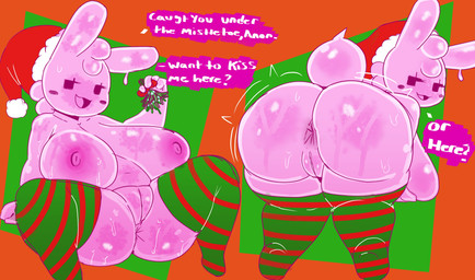 anthro anus big_breasts big_butt breasts butt christmas_clothing christmas_headwear clothing dialogue female genitals hat headgear headwear holidays huge_breasts huge_butt kiss_my_ass legwear looking_at_viewer looking_back mistletoe nipples pink_body plant presenting presenting_anus presenting_hindquarters presenting_vulva rear_view santa_hat seductive short_tail solo tail text vulva darky christmas gelbun goo_creature lagomorph leporid mammal rabbit 2025 absurd_res english_text hi_res