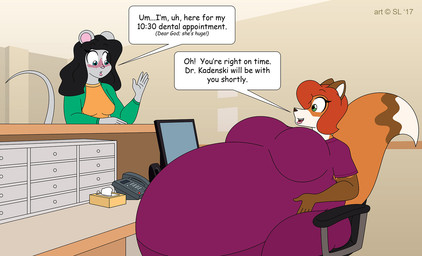 anthro belly big_belly big_breasts black_hair blue_eyes blush breasts chair clothed clothing computer copyright_symbol desk dialogue dialogue_box duo electronics female fur furniture green_eyes hair huge_belly huge_breasts hyper hyper_belly hyper_pregnancy landline_phone monitor open_mouth phone pregnant red_hair speaker speech_bubble symbol table text tissue tissue_box satsumalord amelia_(satsumalord) annie_(satsumalord) canid canine fox mammal mouse murid murine rodent 2017 comic_sans digital_media_(artwork) english_text hi_res