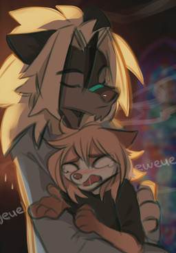anthro blush bodily_fluids brown_body brown_fur clothed clothing comforting crying duo eyes_closed fur grey_body grey_fur hug light tears hyilpi canid canine mammal 2023 digital_media_(artwork) hi_res lighting