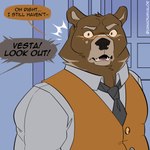 anthro brown_body brown_eyes brown_fur clothed clothing dialogue door fangs fur inside male necktie open_mouth solo speech_bubble tan_body tan_fur teeth text topwear vest yelling yellow_eyes vanadiumvalor solar_house jupiter_(solar_house) bear mammal 1:1 2021 english_text hi_res