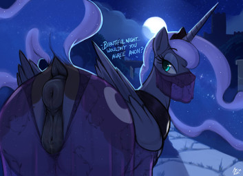 anus butt clothed clothed_feral clothing detailed_background dialogue equine_anus eyelashes feathered_wings feathers female feral genitals hair horn outside puffy_anus pupils quadruped smile solo tail text thick_thighs three-quarter_view translucent translucent_clothing veil vulva wings aer0_zer0 friendship_is_magic hasbro my_little_pony mythology princess_luna_(mlp) equid equine mammal mythological_creature mythological_equine winged_unicorn 2025 absurd_res hi_res