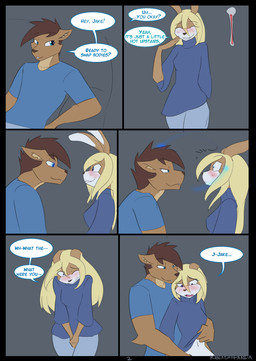 anthro aroused biped blonde_hair blue_clothing blue_eyes blue_shirt blue_sweater blue_t-shirt blue_topwear blush body_swap bottomwear breasts brown_body brown_fur brown_hair brown_nose clothing dialogue duo eyebrow_through_hair eyebrows eyes_closed female from_behind_position fur glowing glowing_eyes grey_background grey_bottomwear grey_clothing grey_pants hair long_hair long_pants male masturbation multicolored_body navel oversized_clothing pants pulling_shirt realization scientific_instrument sex shirt short_hair simple_background sitting smile soul speech_bubble standing sweater t-shirt talking_to_another tan_body tan_fur teeth text thermometer topwear translucent translucent_hair turtleneck two_tone_body white_body white_fur white_sclera kanashiipanda book_of_lust caroline_waters jake_hart canid canine canis lagomorph leporid mammal rabbit wolf 2022 comic digital_drawing_(artwork) digital_media_(artwork) english_text hi_res