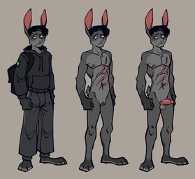 andromorph anthro clothed clothing erection eye_bags fur genitals hair intersex male nipples nude penis scar simple_background solo vulva amiyourhiro acke hare lagomorph leporid mammal absurd_res hi_res model_sheet