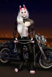 abs anthro barbell_piercing biker black_bottomwear black_clothing black_pants bottomwear chain city city_background city_lights cityscape claws clothing colored_nails detailed_background hair horn long_hair male motorcycle multicolored_body nails nipple_barbell nipple_piercing nipples pants piercing sky smile solo standing star vehicle wheel white_hair dantewolfguy canid mammal full-length_portrait hi_res portrait