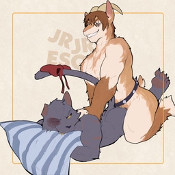 anal anal_penetration anthro anthro_on_anthro bite black_body black_fur bow_ribbon clipped_ear fur hug hugging_object hugging_pillow male male/male male_penetrated male_penetrating male_penetrating_male muscular muscular_male pawpads penetration penile penile_penetration penis_in_ass pillow pillow_bite sex smile tail jrjresq tussle_(jrjresq) bovid caprine domestic_cat felid feline felis goat mammal 1:1 absurd_res hi_res