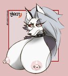anthro barbell_piercing big_breasts big_nipples breasts canid canid_demon canine collar demon ear_piercing ear_ring female fur grey_body grey_fur grey_hair hair hellhound helluva_boss hi_res huge_breasts looking_at_viewer loona_(helluva_boss) mammal mythological_canine mythological_creature mythology nipple_barbell nipple_piercing nipples nude piercing red_sclera ring_piercing simple_background solo thirstydraws white_body white_eyes white_fur